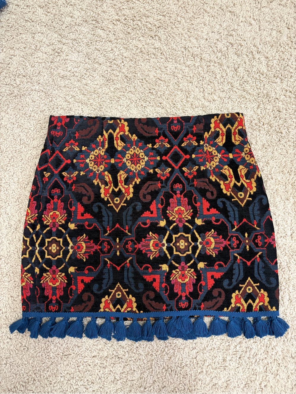 Zara Black Mini Skirt with Red, Gold & Blue Accent Tassels